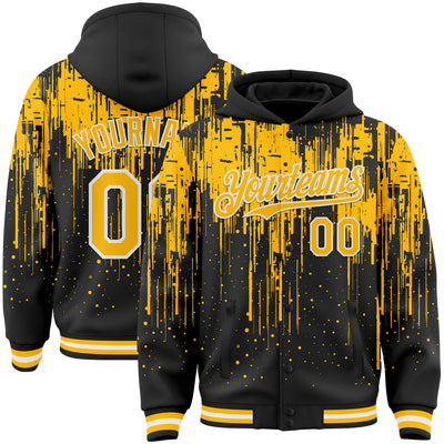 Custom Black Gold-White Dripping Splatter Bomber Full-Snap Varsity Letterman Hoodie Jacket