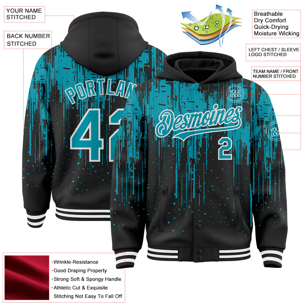 Custom Black Teal-White Dripping Splatter Bomber Full-Snap Varsity Letterman Hoodie Jacket