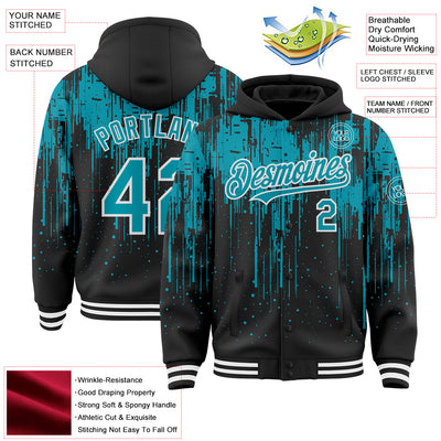 Custom Black Teal-White Dripping Splatter Bomber Full-Snap Varsity Letterman Hoodie Jacket