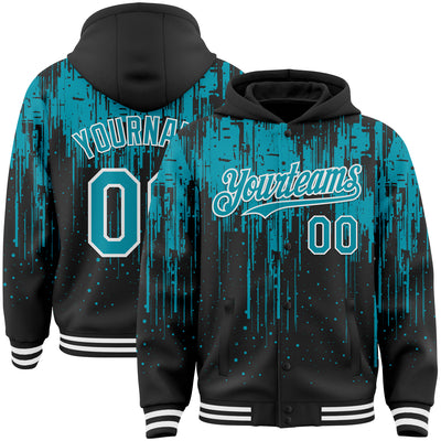 Custom Black Teal-White Dripping Splatter Bomber Full-Snap Varsity Letterman Hoodie Jacket