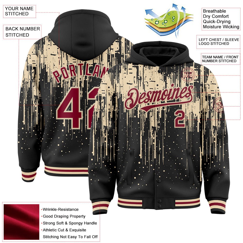 Custom Black Crimson-City Cream Dripping Splatter Bomber Full-Snap Varsity Letterman Hoodie Jacket