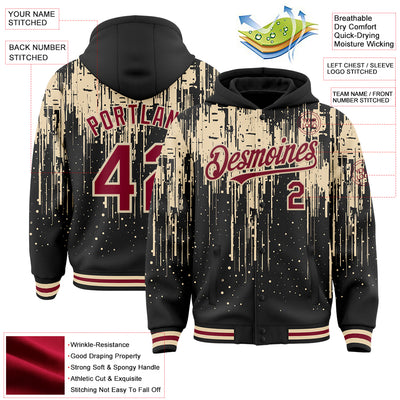 Custom Black Crimson-City Cream Dripping Splatter Bomber Full-Snap Varsity Letterman Hoodie Jacket