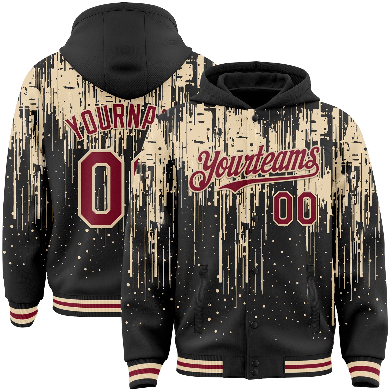 Custom Black Crimson-City Cream Dripping Splatter Bomber Full-Snap Varsity Letterman Hoodie Jacket