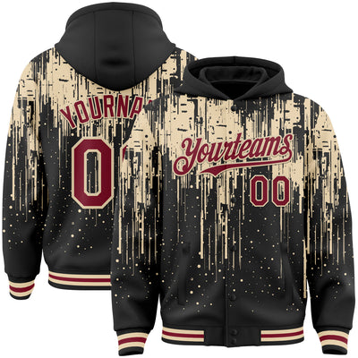 Custom Black Crimson-City Cream Dripping Splatter Bomber Full-Snap Varsity Letterman Hoodie Jacket