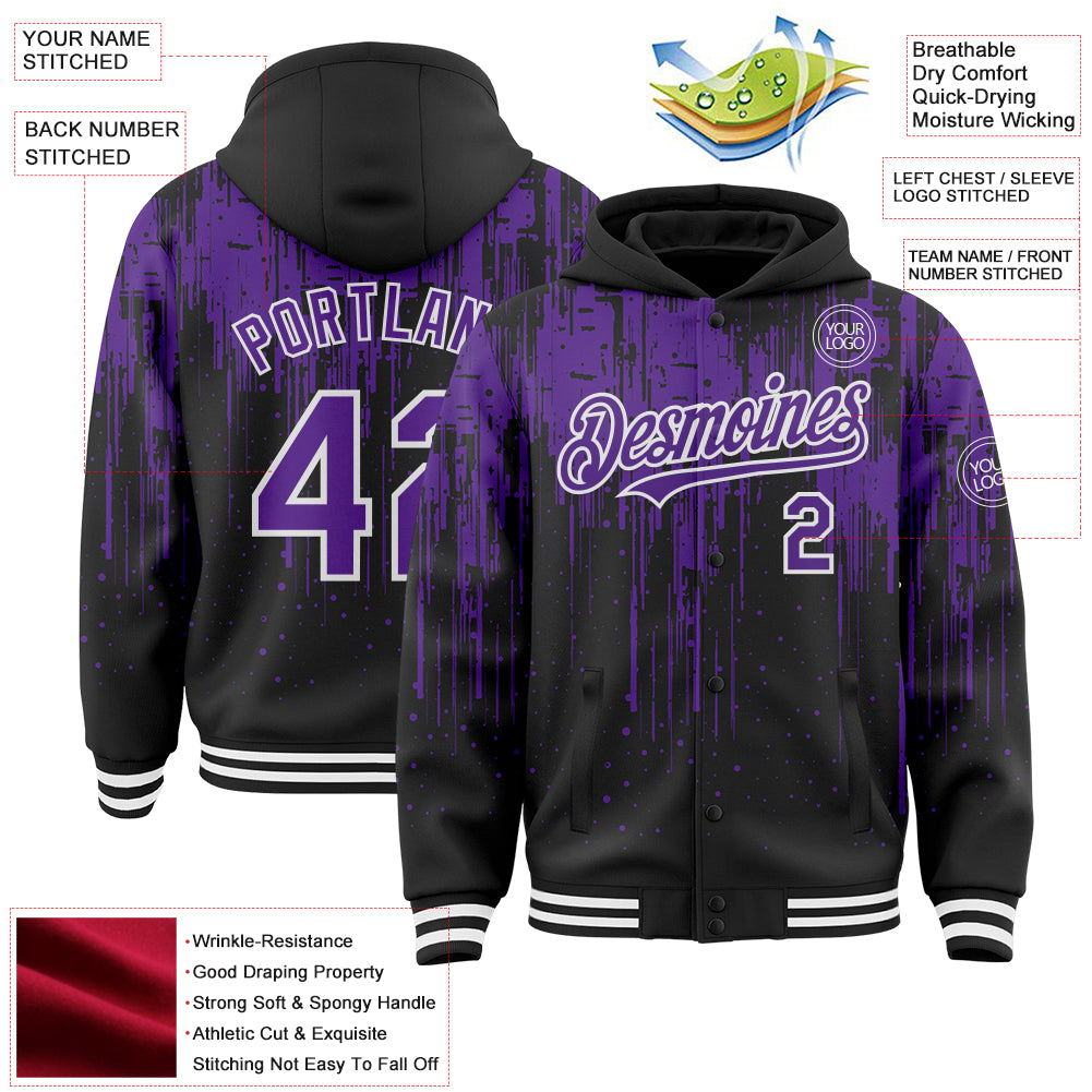 Custom Black Purple-White Dripping Splatter Bomber Full-Snap Varsity Letterman Hoodie Jacket
