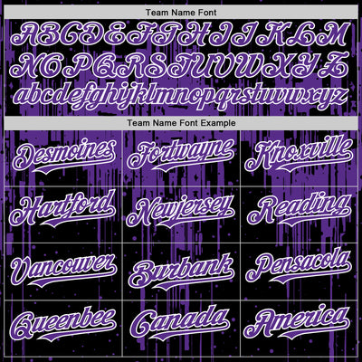 Custom Black Purple-White Dripping Splatter Bomber Full-Snap Varsity Letterman Hoodie Jacket