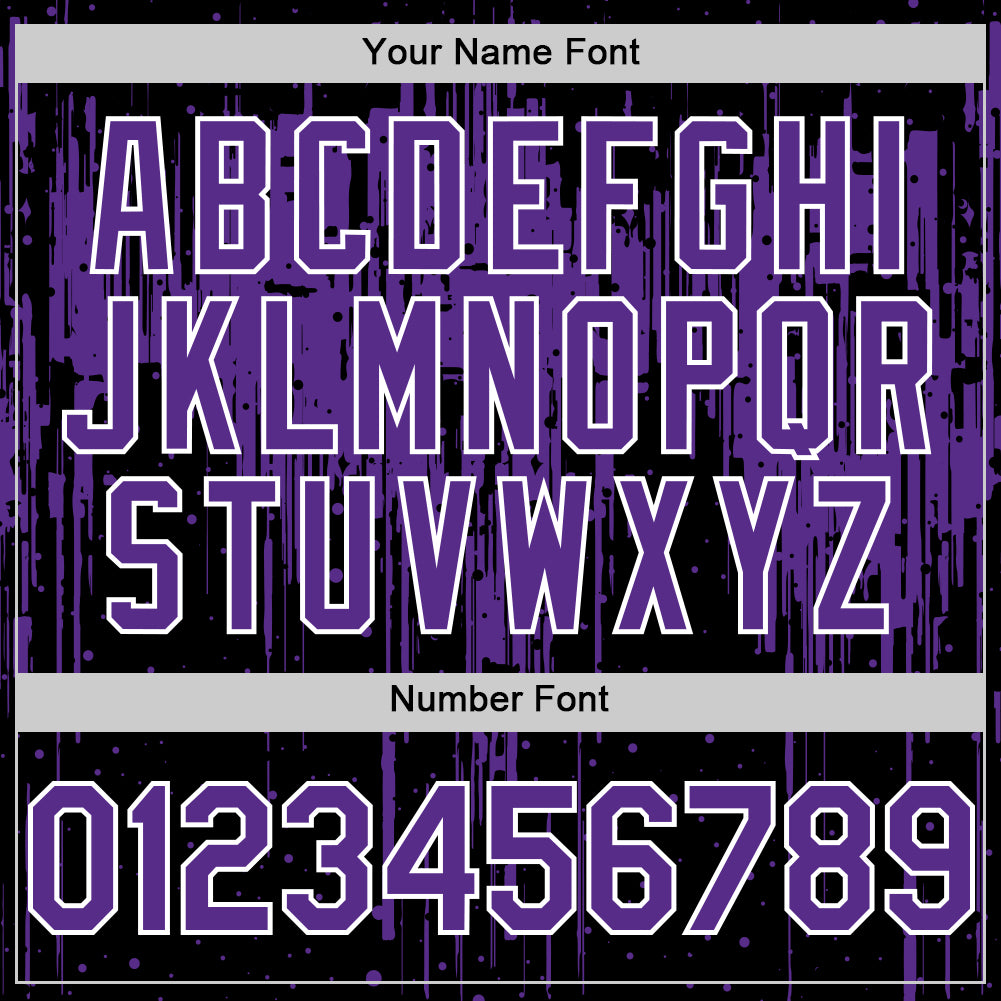 Custom Black Purple-White Dripping Splatter Bomber Full-Snap Varsity Letterman Hoodie Jacket