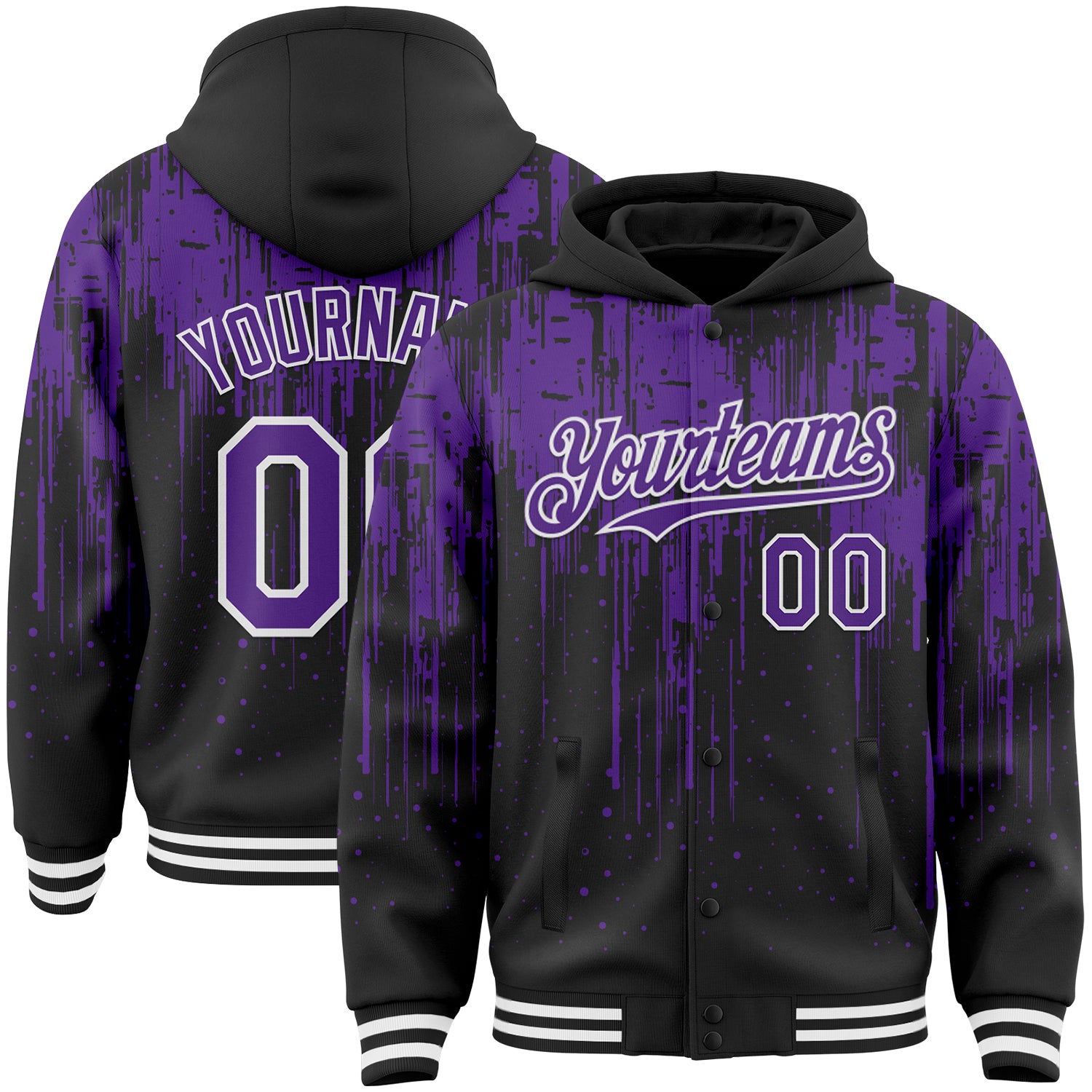Custom Black Purple-White Dripping Splatter Bomber Full-Snap Varsity Letterman Hoodie Jacket