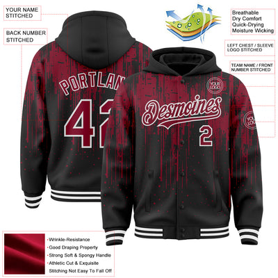 Custom Black Crimson-White Dripping Splatter Bomber Full-Snap Varsity Letterman Hoodie Jacket