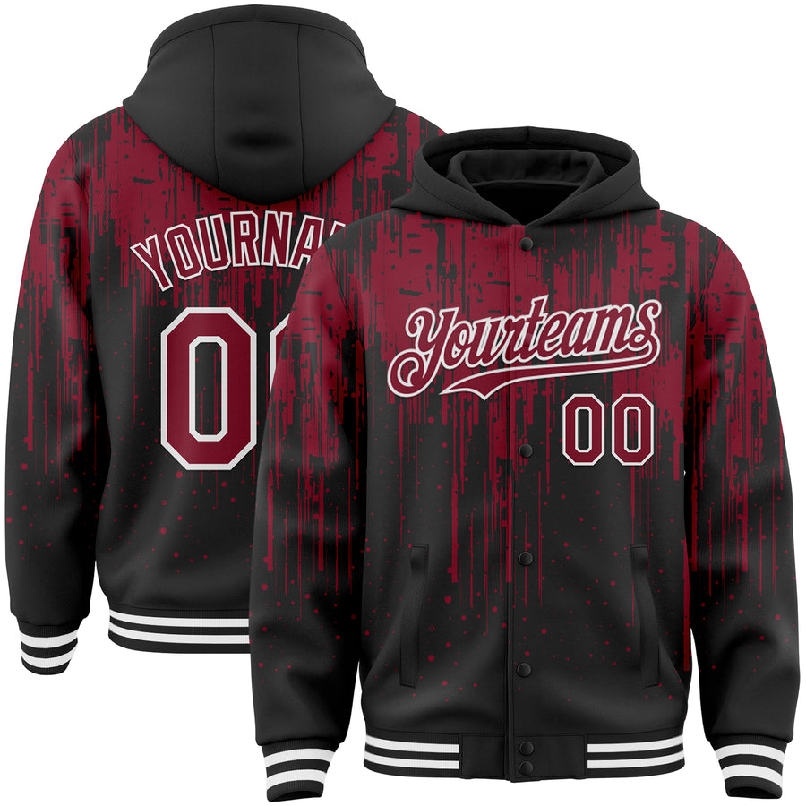 Custom Black Crimson-White Dripping Splatter Bomber Full-Snap Varsity Letterman Hoodie Jacket