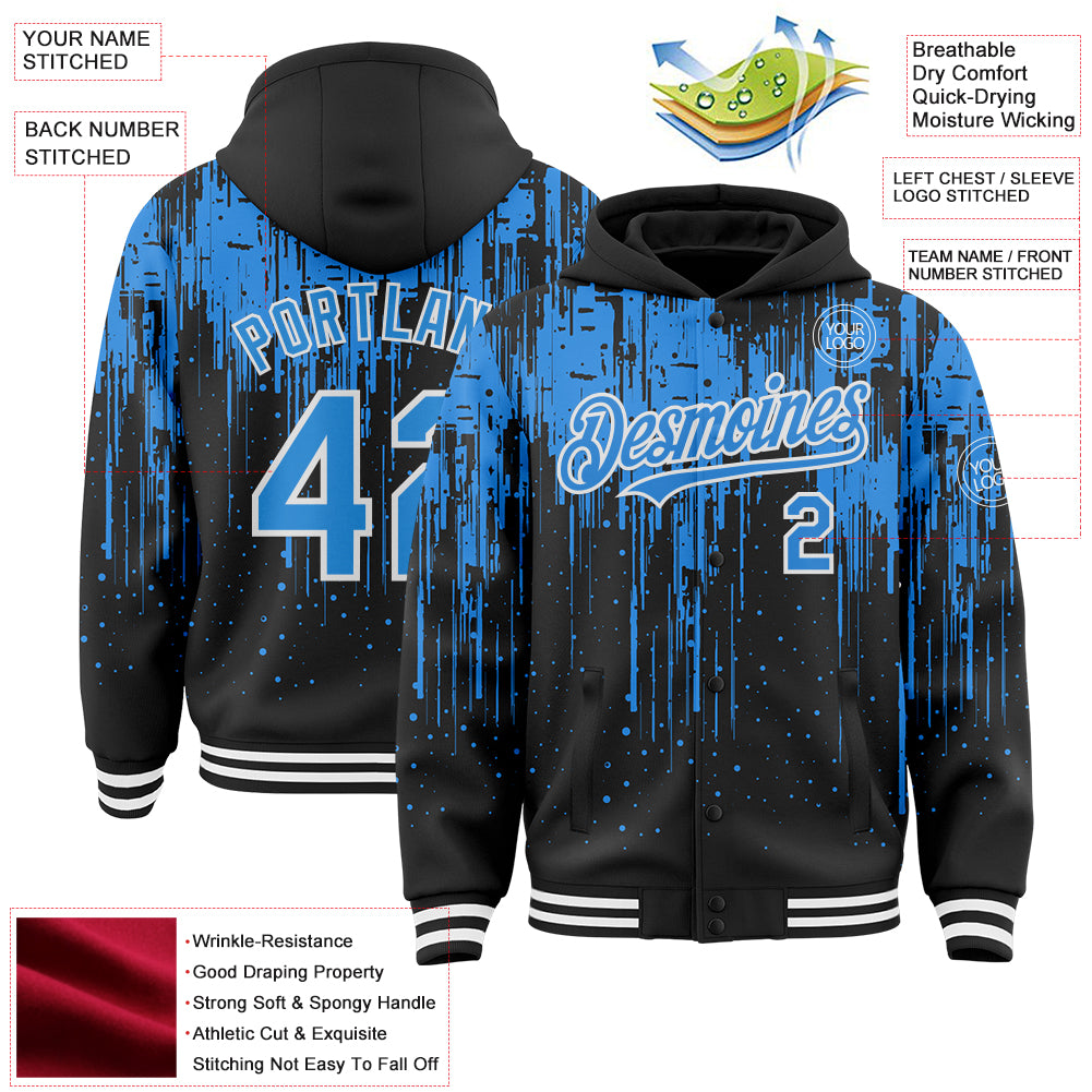 Custom Black Powder Blue-White Dripping Splatter Bomber Full-Snap Varsity Letterman Hoodie Jacket