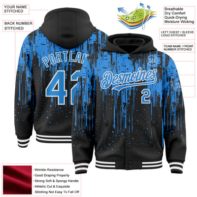 Custom Black Powder Blue-White Dripping Splatter Bomber Full-Snap Varsity Letterman Hoodie Jacket
