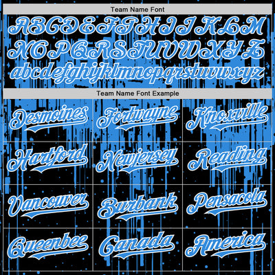 Custom Black Powder Blue-White Dripping Splatter Bomber Full-Snap Varsity Letterman Hoodie Jacket