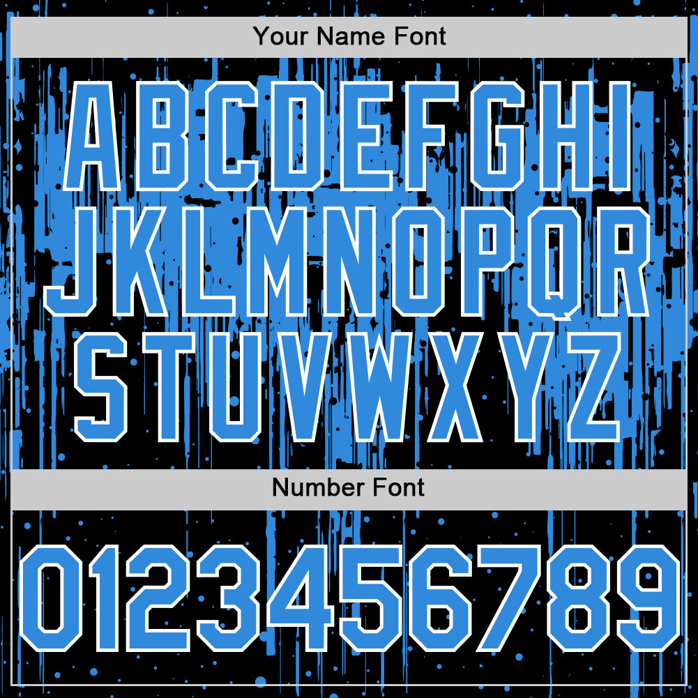 Custom Black Powder Blue-White Dripping Splatter Bomber Full-Snap Varsity Letterman Hoodie Jacket