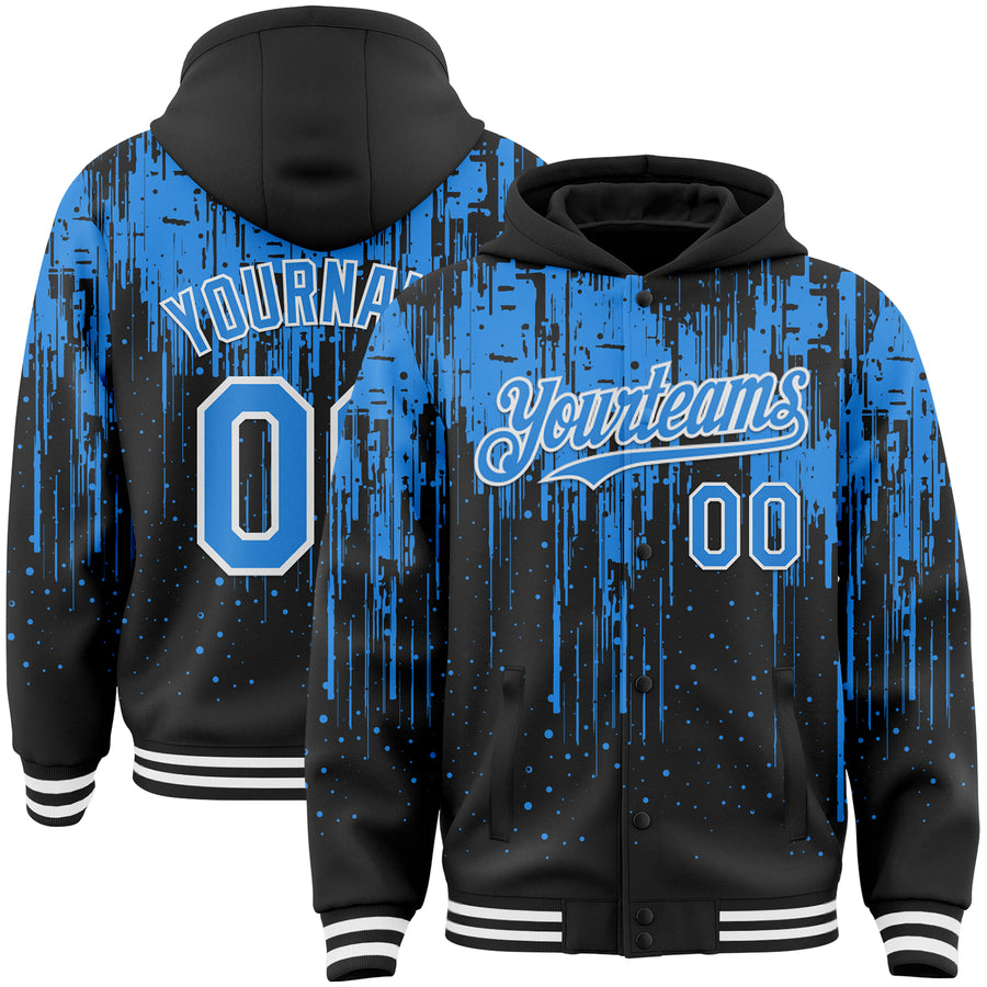 Custom Black Powder Blue-White Dripping Splatter Bomber Full-Snap Varsity Letterman Hoodie Jacket