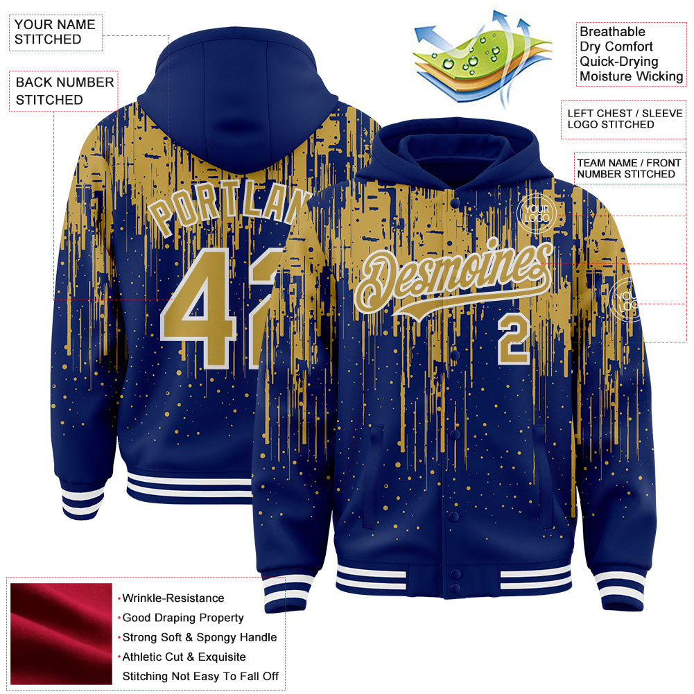Custom Royal Old Gold-White Dripping Splatter Bomber Full-Snap Varsity Letterman Hoodie Jacket