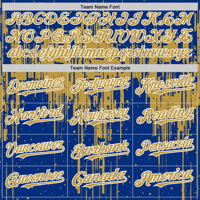 Custom Royal Old Gold-White Dripping Splatter Bomber Full-Snap Varsity Letterman Hoodie Jacket