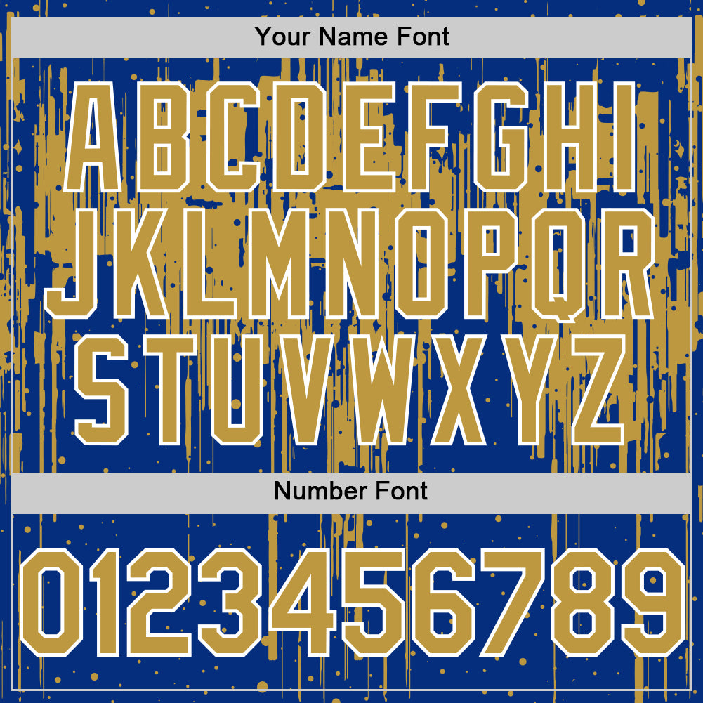 Custom Royal Old Gold-White Dripping Splatter Bomber Full-Snap Varsity Letterman Hoodie Jacket