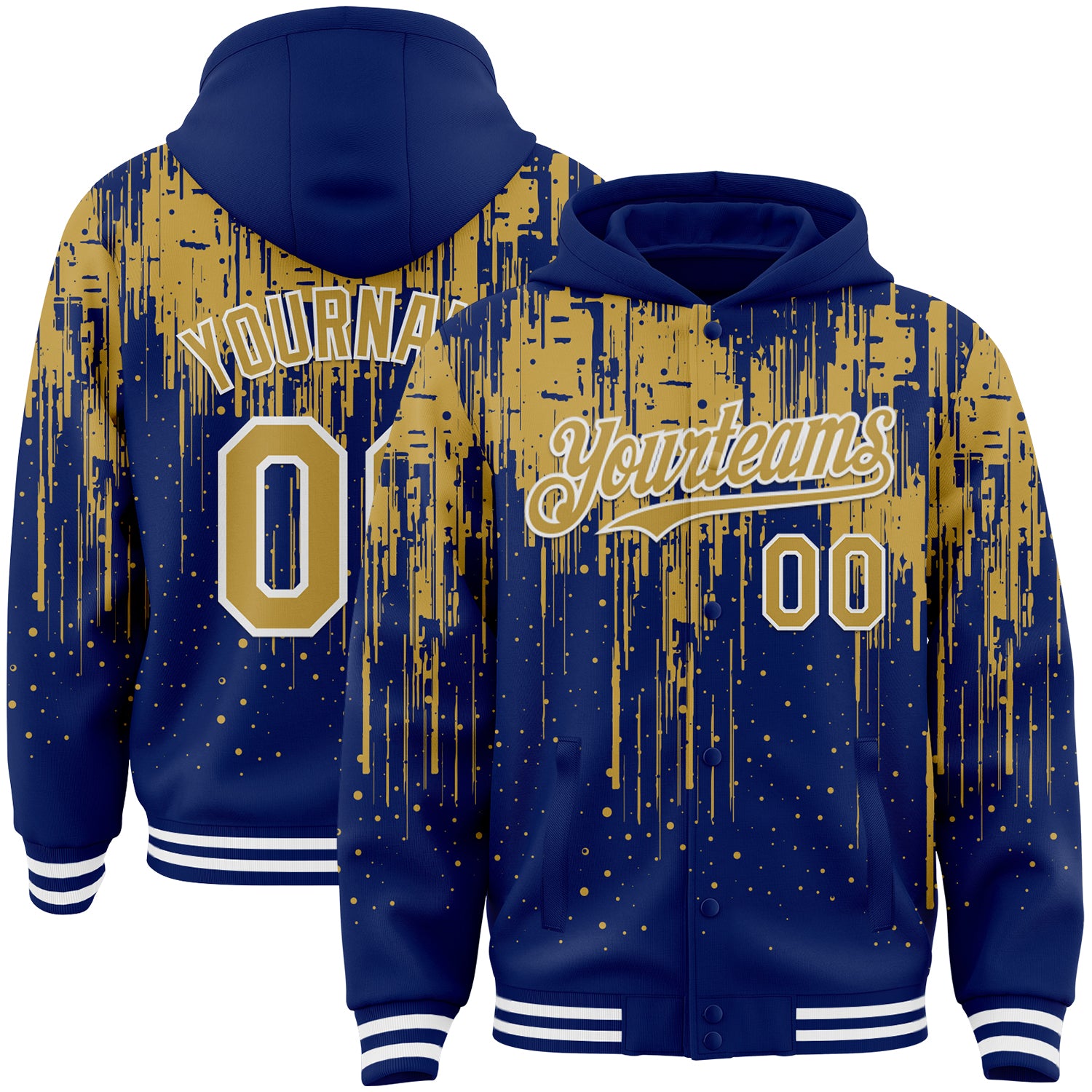 Custom Royal Old Gold-White Dripping Splatter Bomber Full-Snap Varsity Letterman Hoodie Jacket
