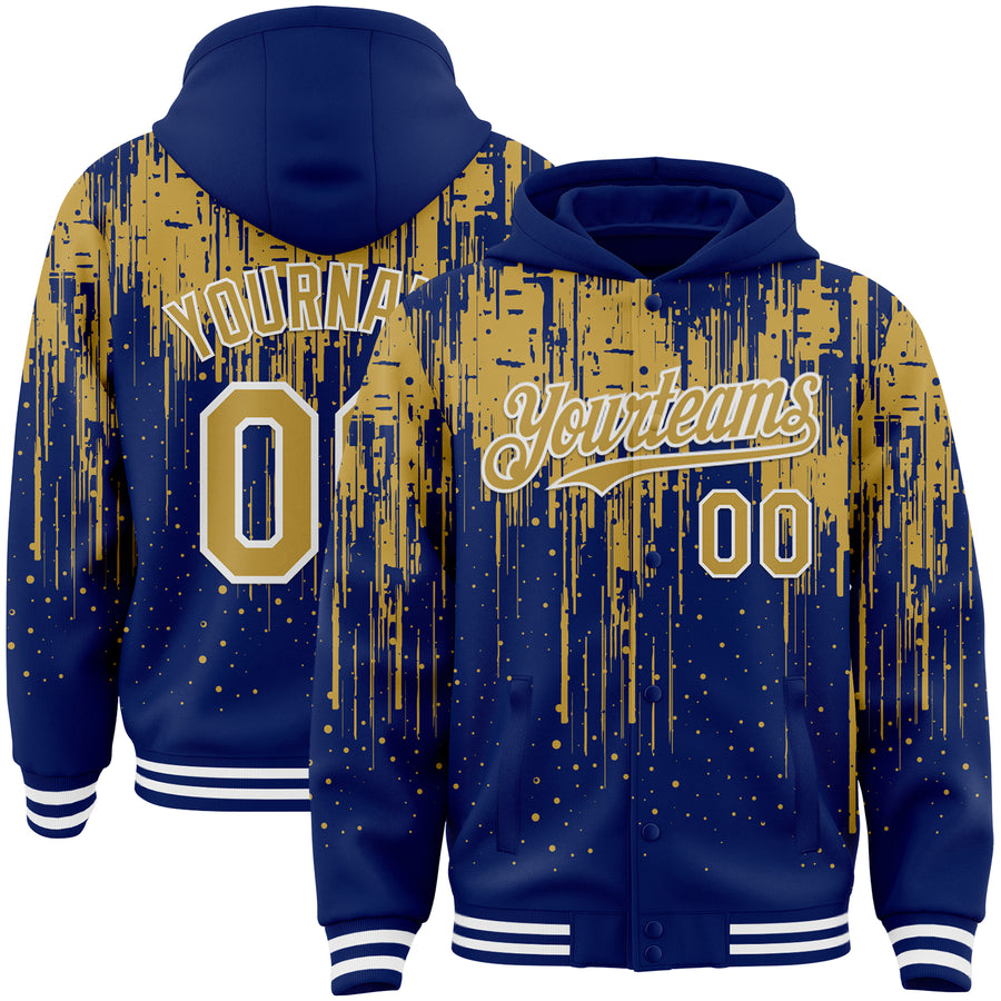 Custom Royal Old Gold-White Dripping Splatter Bomber Full-Snap Varsity Letterman Hoodie Jacket