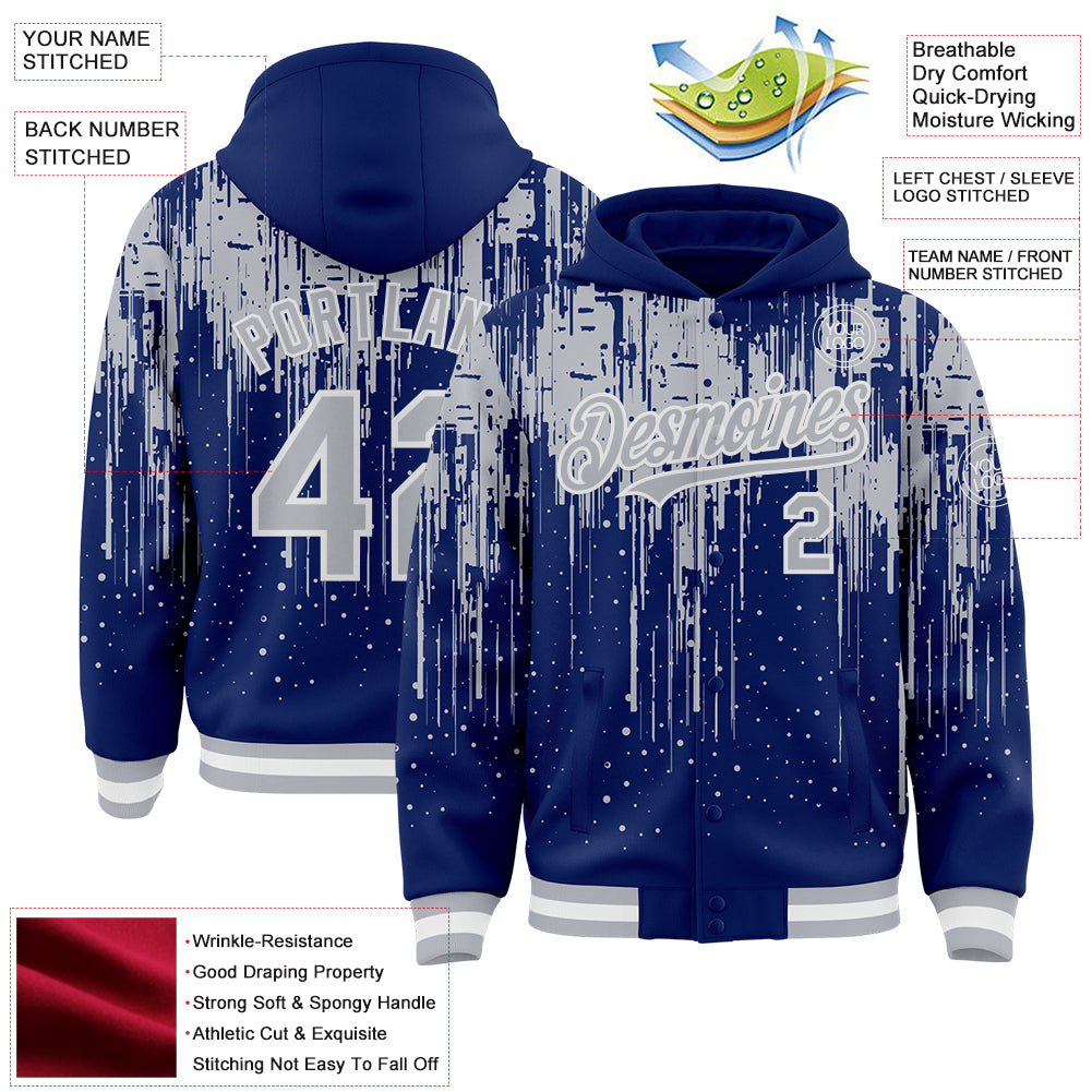 Custom Royal Gray-White Dripping Splatter Bomber Full-Snap Varsity Letterman Hoodie Jacket