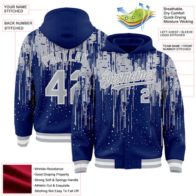 Custom Royal Gray-White Dripping Splatter Bomber Full-Snap Varsity Letterman Hoodie Jacket