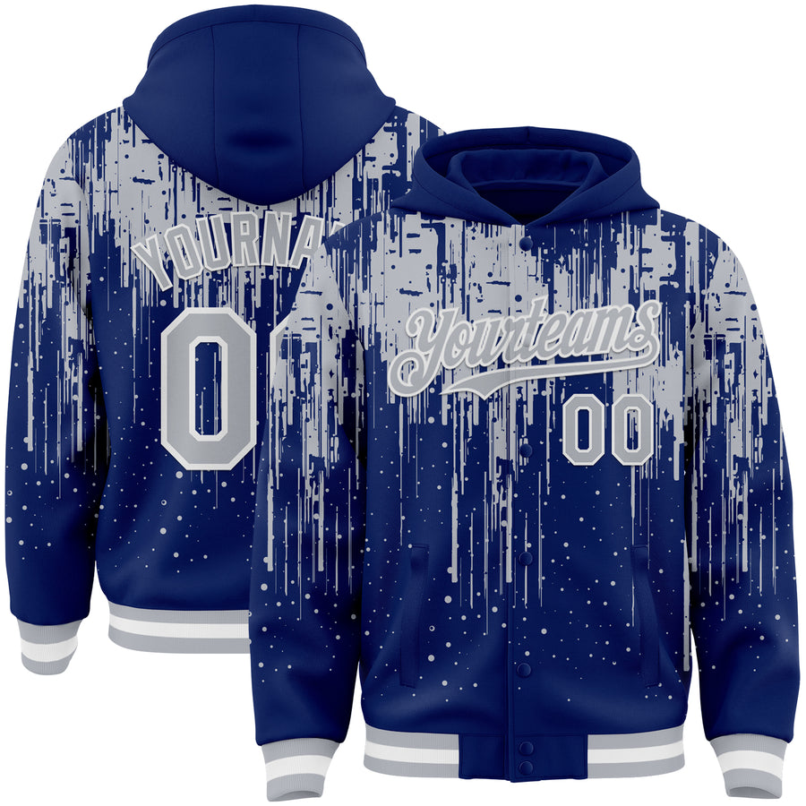 Custom Royal Gray-White Dripping Splatter Bomber Full-Snap Varsity Letterman Hoodie Jacket