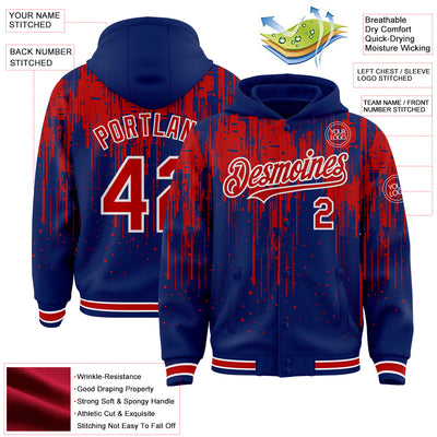 Custom Royal Red-White Dripping Splatter Bomber Full-Snap Varsity Letterman Hoodie Jacket