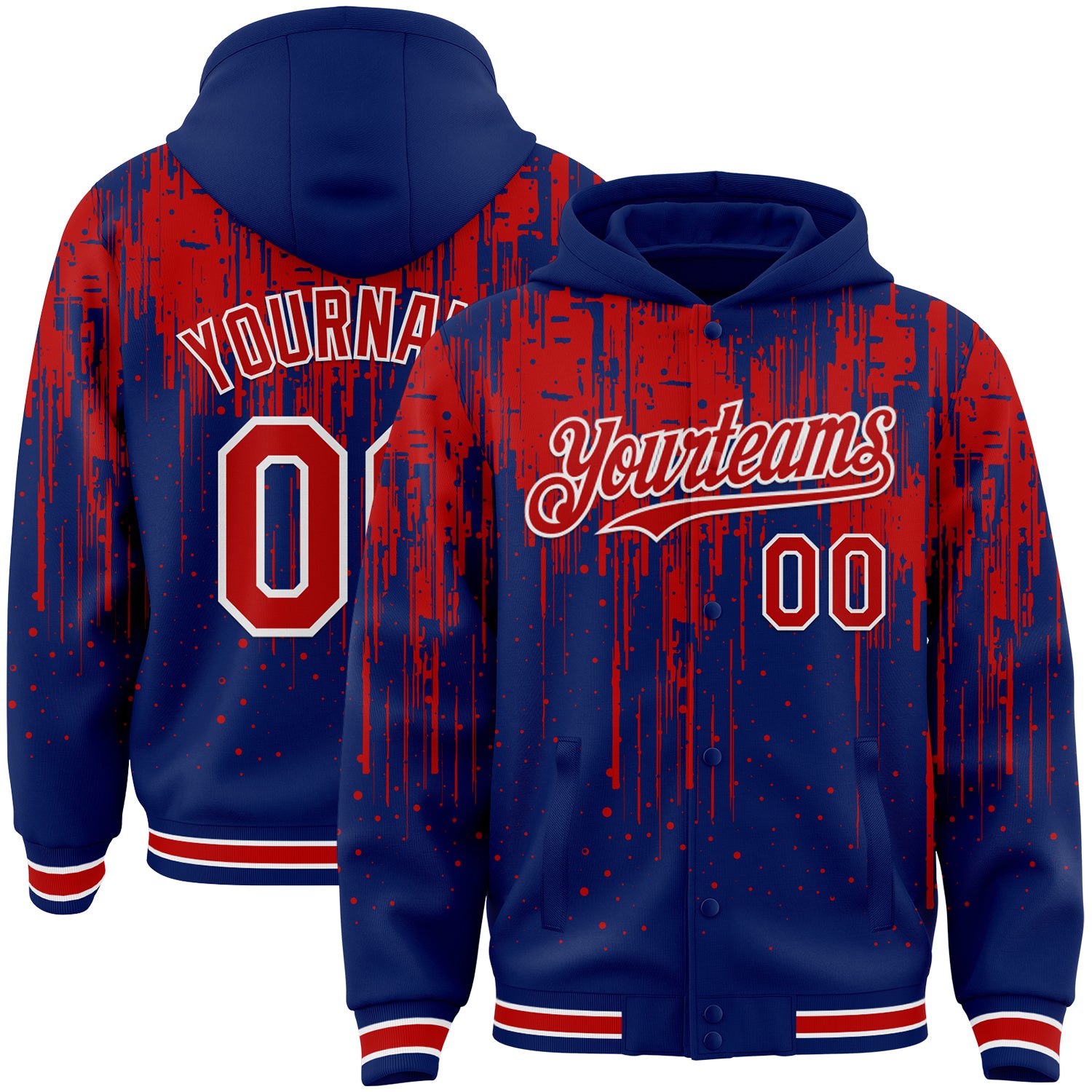 Custom Royal Red-White Dripping Splatter Bomber Full-Snap Varsity Letterman Hoodie Jacket