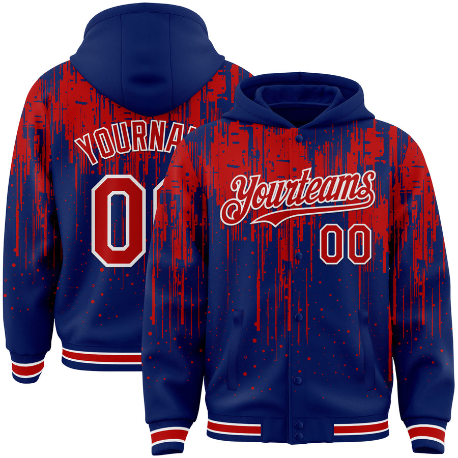 Custom Royal Red-White Dripping Splatter Bomber Full-Snap Varsity Letterman Hoodie Jacket