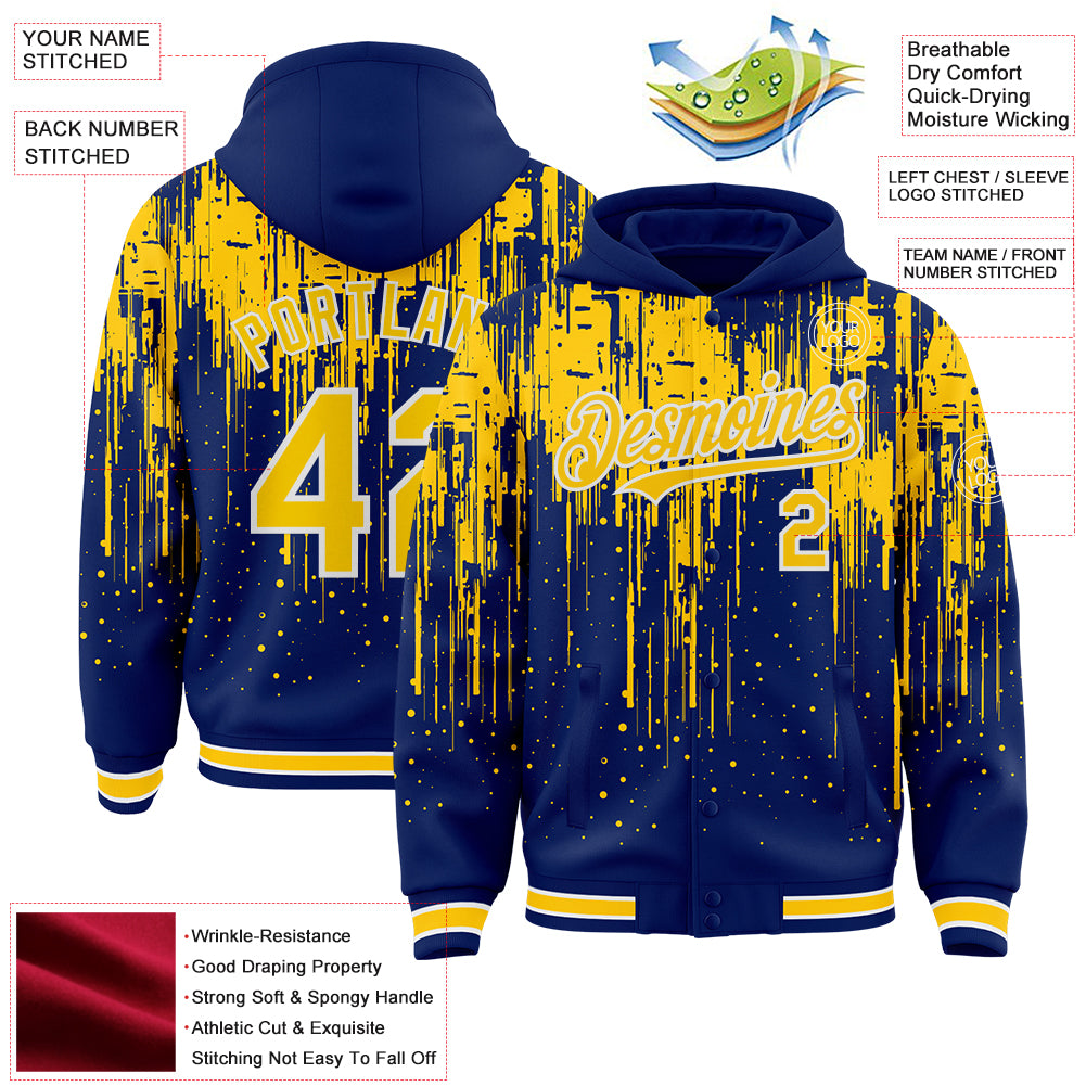 Custom Royal Yellow-White Dripping Splatter Bomber Full-Snap Varsity Letterman Hoodie Jacket