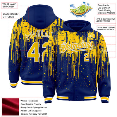 Custom Royal Yellow-White Dripping Splatter Bomber Full-Snap Varsity Letterman Hoodie Jacket