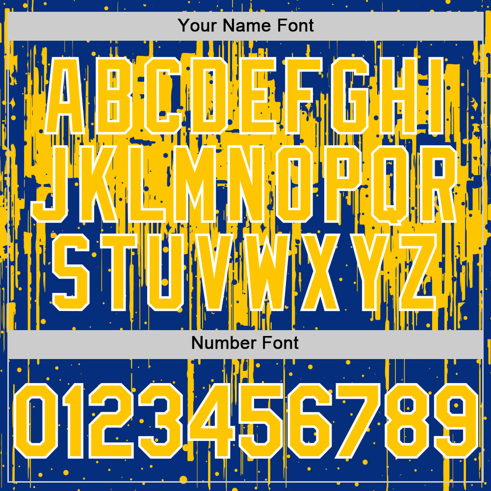 Custom Royal Yellow-White Dripping Splatter Bomber Full-Snap Varsity Letterman Hoodie Jacket