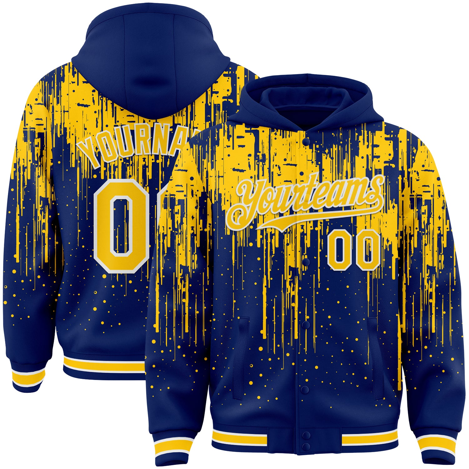 Custom Royal Yellow-White Dripping Splatter Bomber Full-Snap Varsity Letterman Hoodie Jacket
