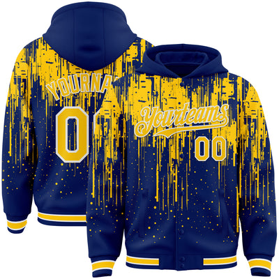 Custom Royal Yellow-White Dripping Splatter Bomber Full-Snap Varsity Letterman Hoodie Jacket