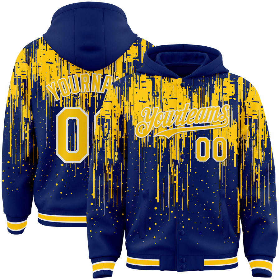 Custom Royal Yellow-White Dripping Splatter Bomber Full-Snap Varsity Letterman Hoodie Jacket