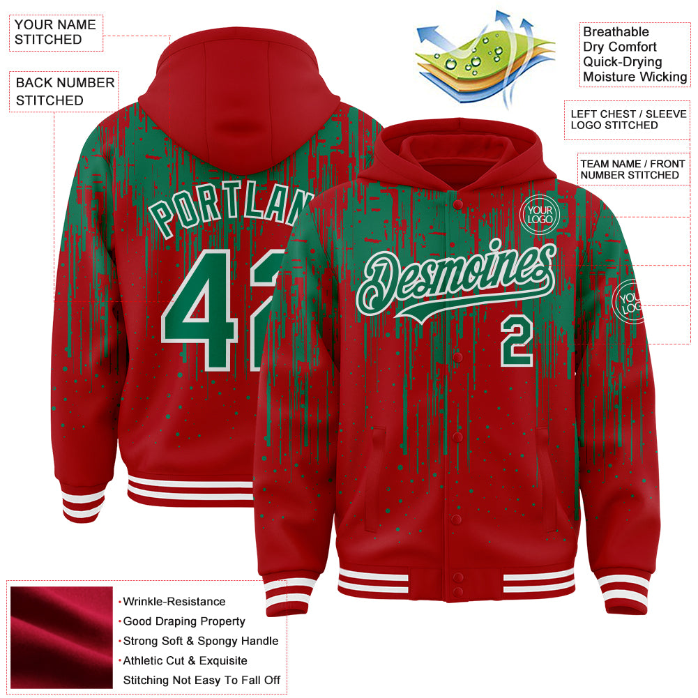Custom Royal Kelly Green-White Dripping Splatter Bomber Full-Snap Varsity Letterman Hoodie Jacket