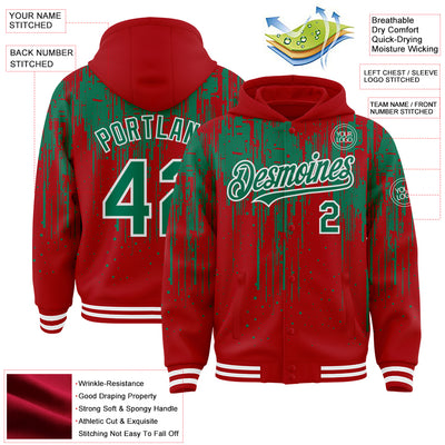 Custom Royal Kelly Green-White Dripping Splatter Bomber Full-Snap Varsity Letterman Hoodie Jacket