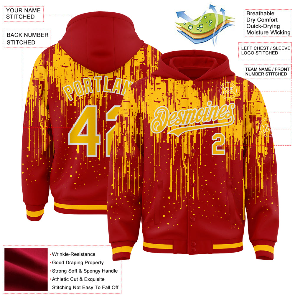 Custom Red Gold-White Dripping Splatter Bomber Full-Snap Varsity Letterman Hoodie Jacket
