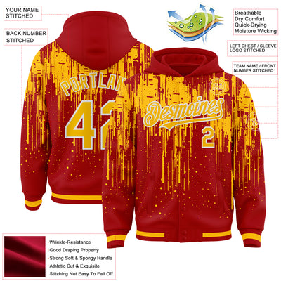 Custom Red Gold-White Dripping Splatter Bomber Full-Snap Varsity Letterman Hoodie Jacket
