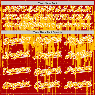 Custom Red Gold-White Dripping Splatter Bomber Full-Snap Varsity Letterman Hoodie Jacket