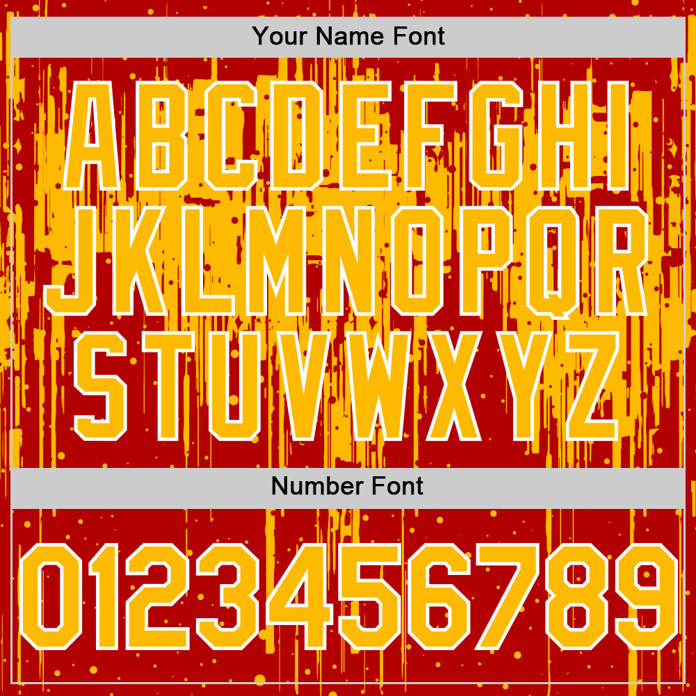 Custom Red Gold-White Dripping Splatter Bomber Full-Snap Varsity Letterman Hoodie Jacket