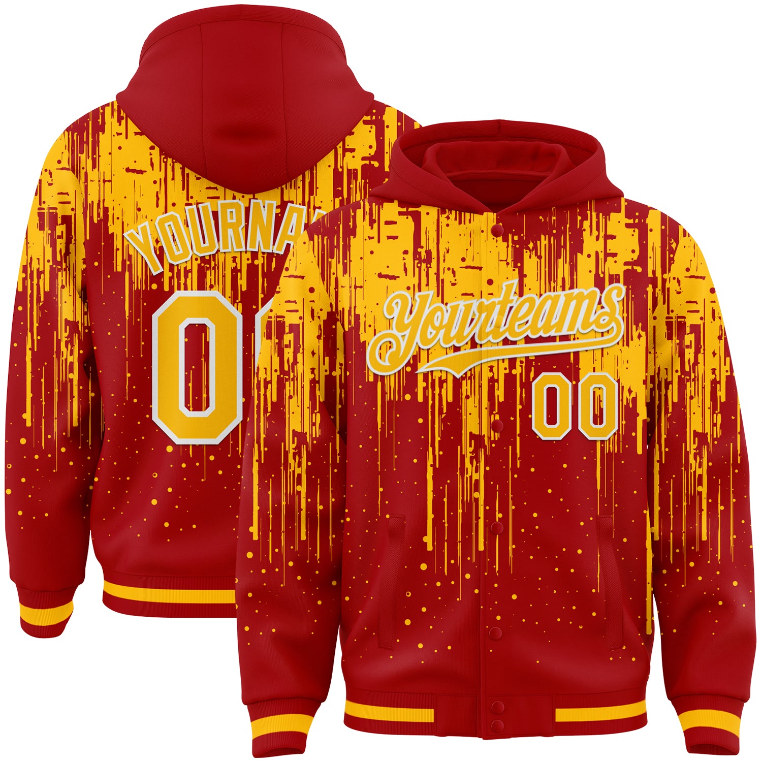 Custom Red Gold-White Dripping Splatter Bomber Full-Snap Varsity Letterman Hoodie Jacket