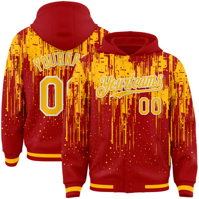Custom Red Gold-White Dripping Splatter Bomber Full-Snap Varsity Letterman Hoodie Jacket