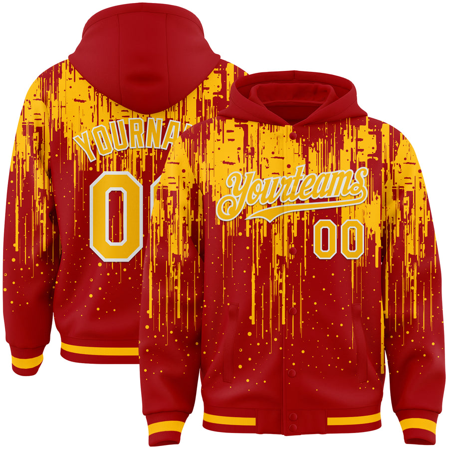 Custom Red Gold-White Dripping Splatter Bomber Full-Snap Varsity Letterman Hoodie Jacket