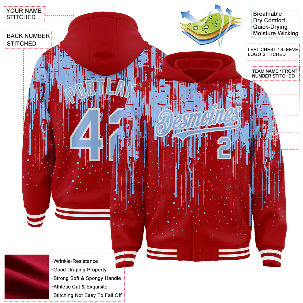 Custom Red Light Blue-White Dripping Splatter Bomber Full-Snap Varsity Letterman Hoodie Jacket