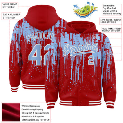 Custom Red Light Blue-White Dripping Splatter Bomber Full-Snap Varsity Letterman Hoodie Jacket