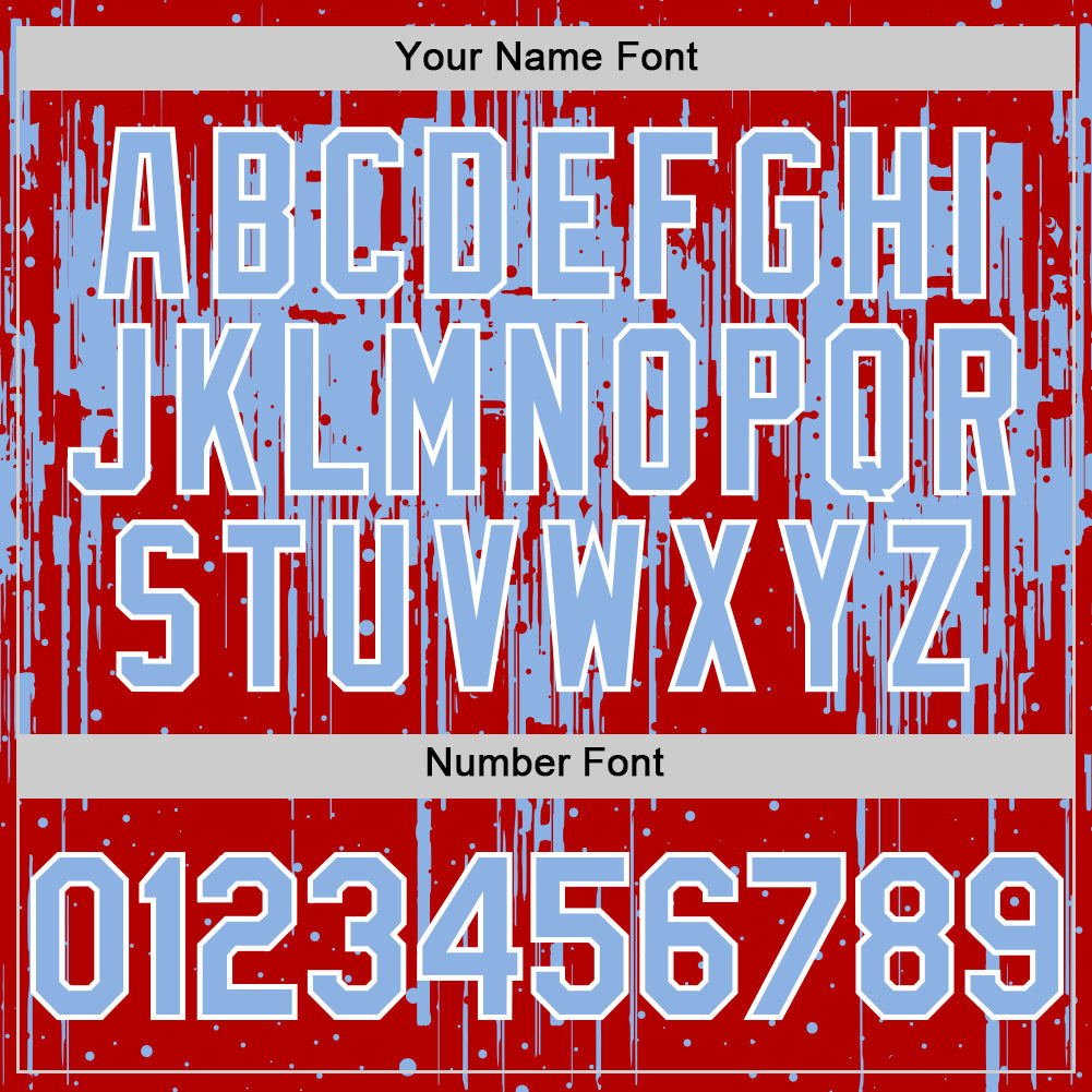 Custom Red Light Blue-White Dripping Splatter Bomber Full-Snap Varsity Letterman Hoodie Jacket