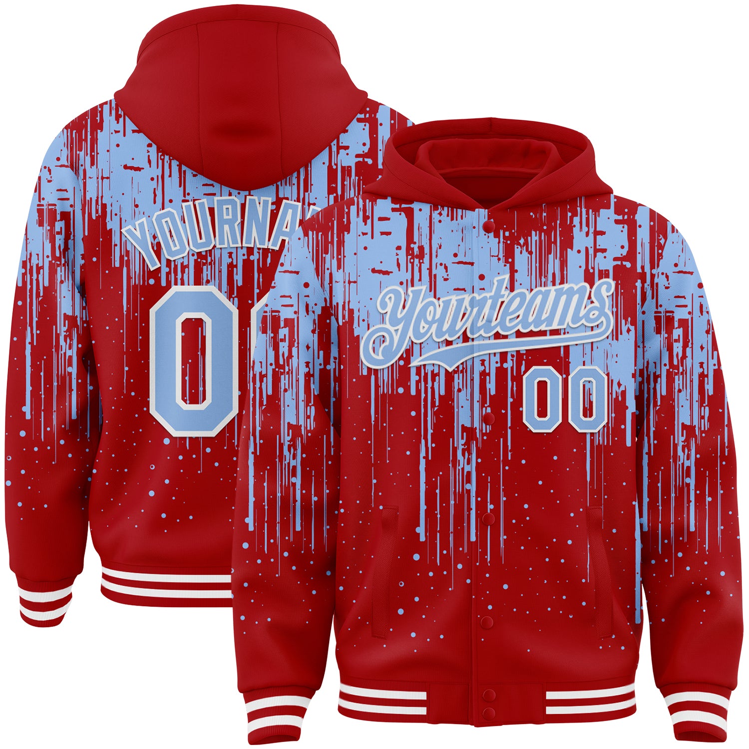 Custom Red Light Blue-White Dripping Splatter Bomber Full-Snap Varsity Letterman Hoodie Jacket