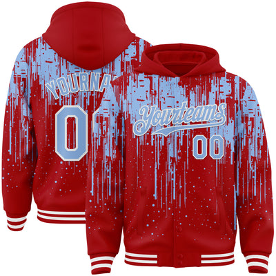 Custom Red Light Blue-White Dripping Splatter Bomber Full-Snap Varsity Letterman Hoodie Jacket